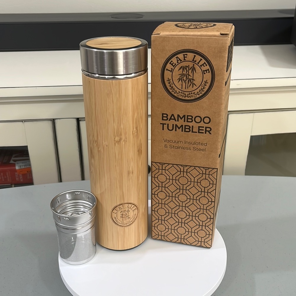 Leaf Life Sustainable Bamboo Tumbler with Tea Infuser & Strainer/ 17oz. New